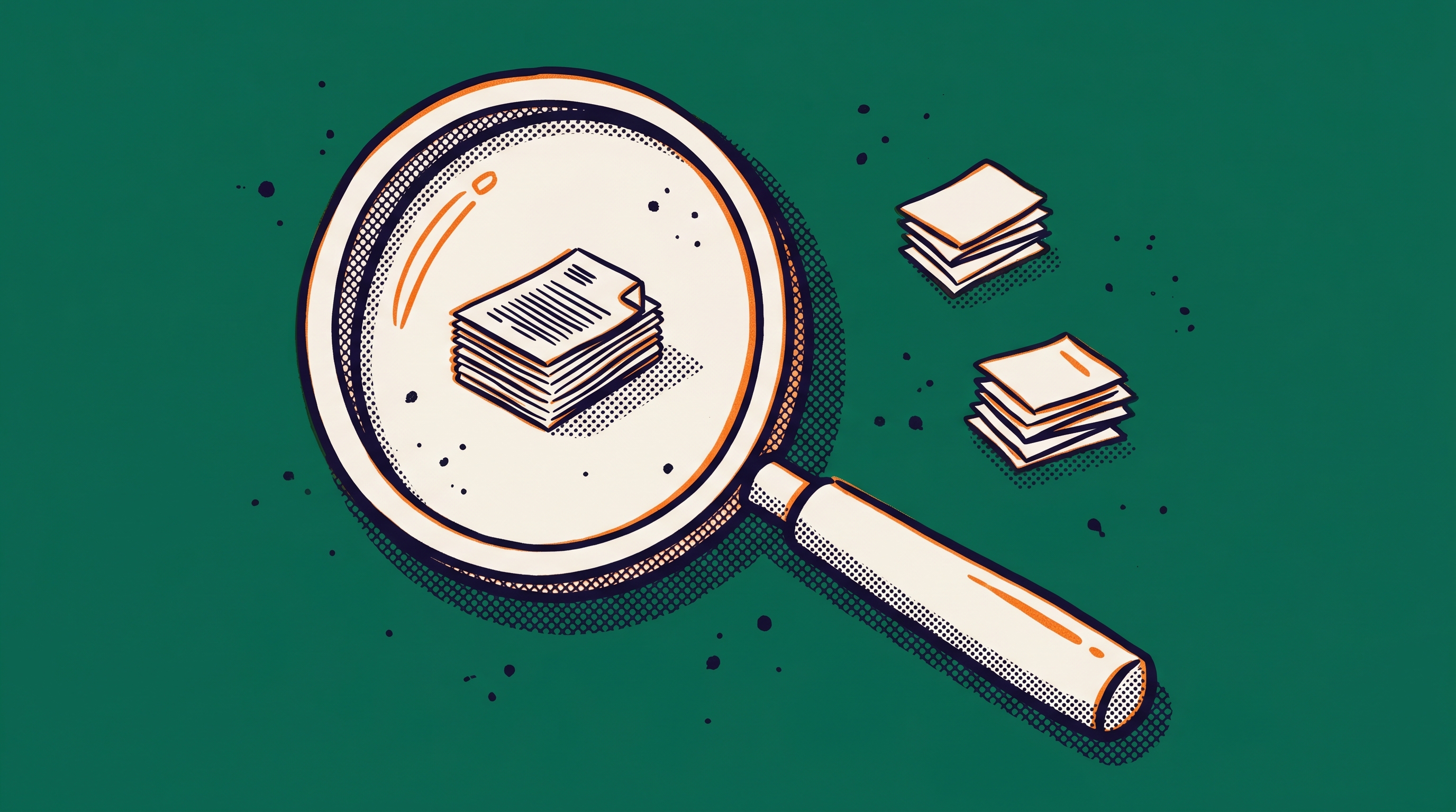 Magnifying glass over a document stack representing attorney due diligence in evaluating AI tools for immigration practice