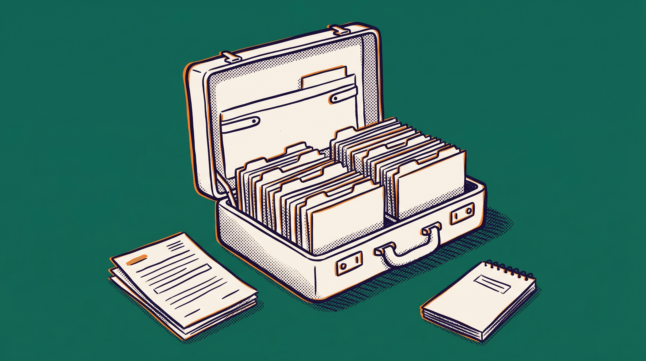 An open briefcase with organized stacks of documents representing the systematic EB1A petition preparation workflow from document intake to filing