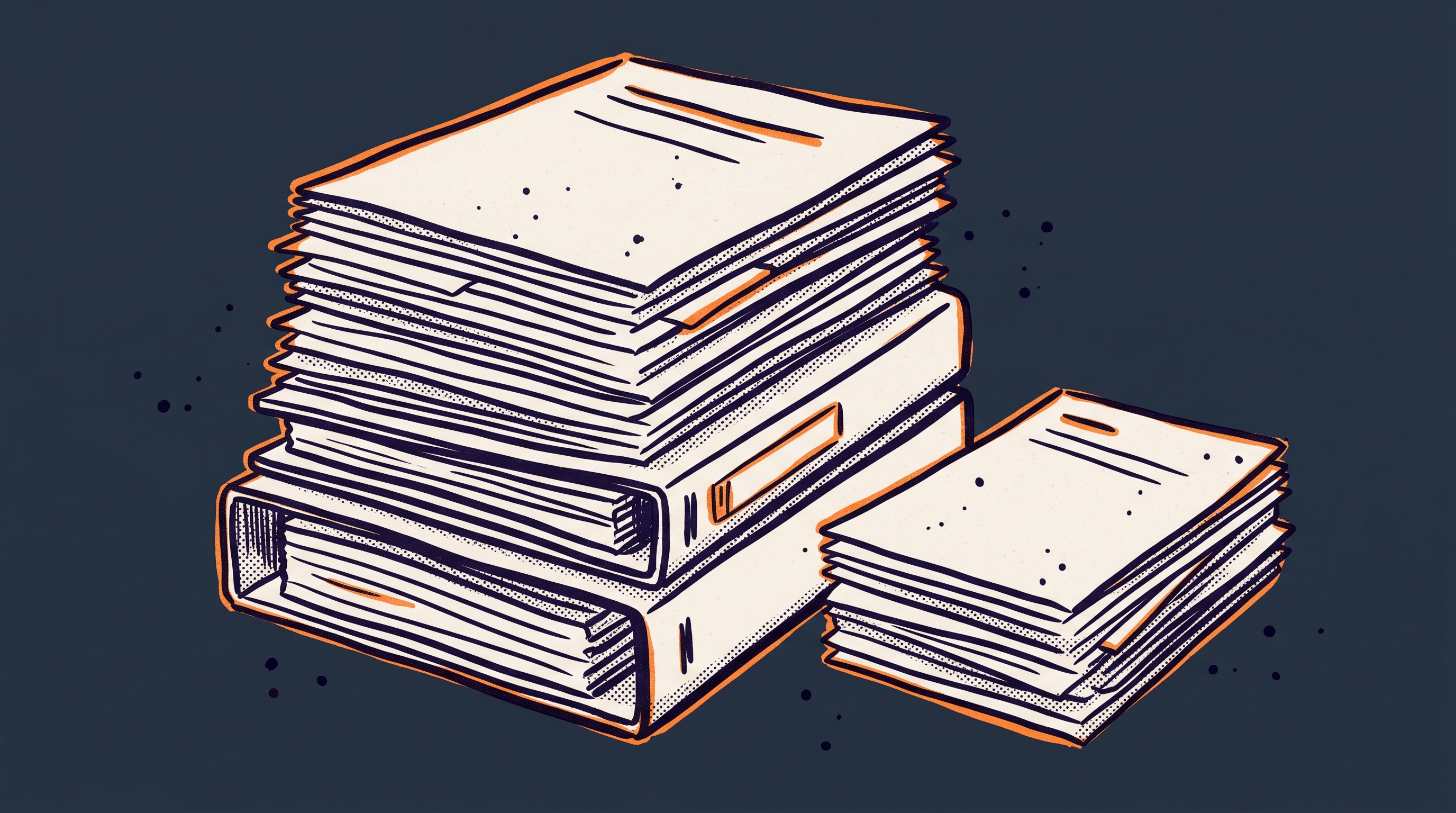 Stacks of documents organized into labeled groups representing the attorney review of AI-classified evidence categories before knowledge base construction