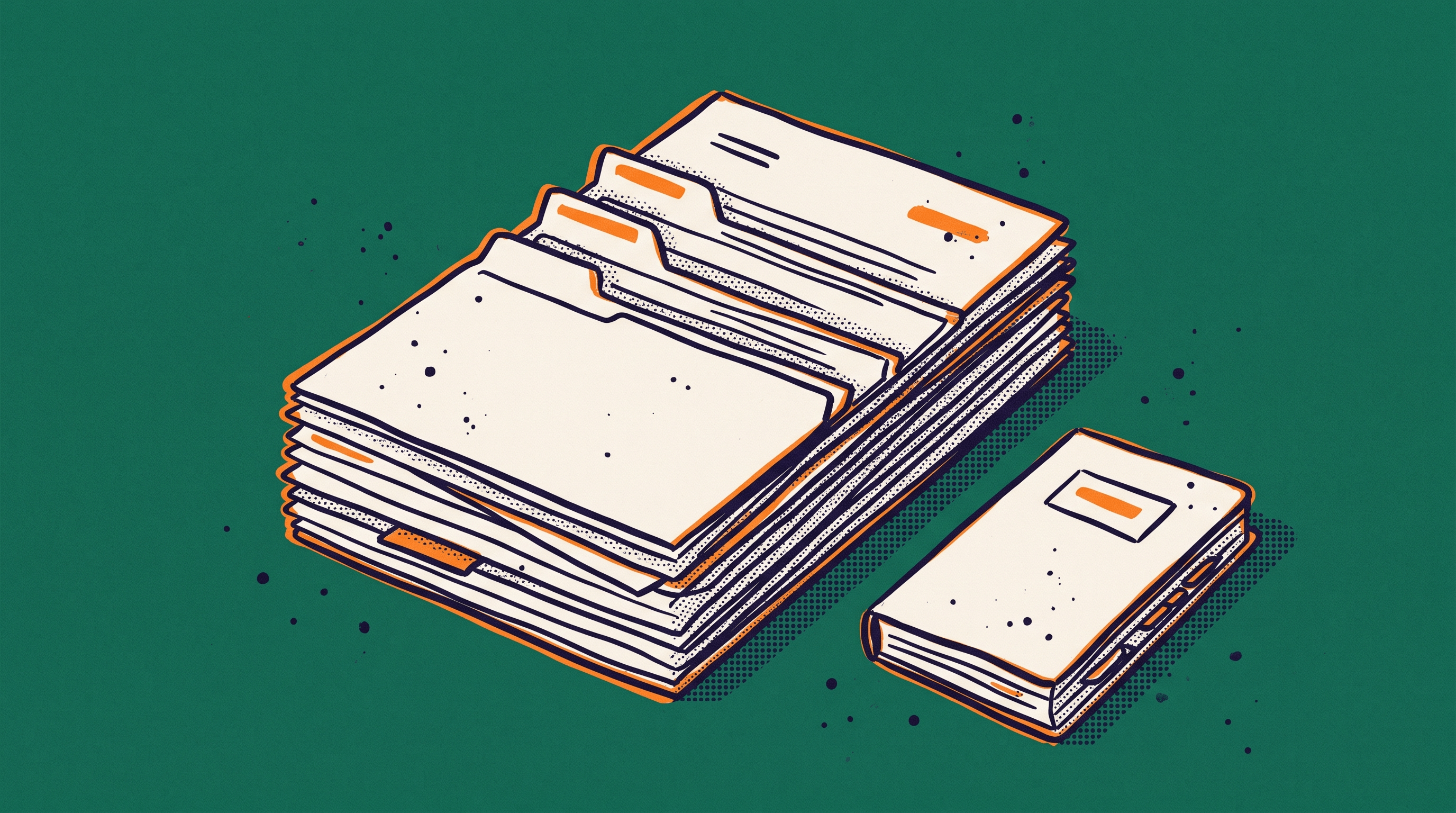 An organized stack of documents sorted into labeled sections representing the structured client knowledge base built from classified EB1A evidence