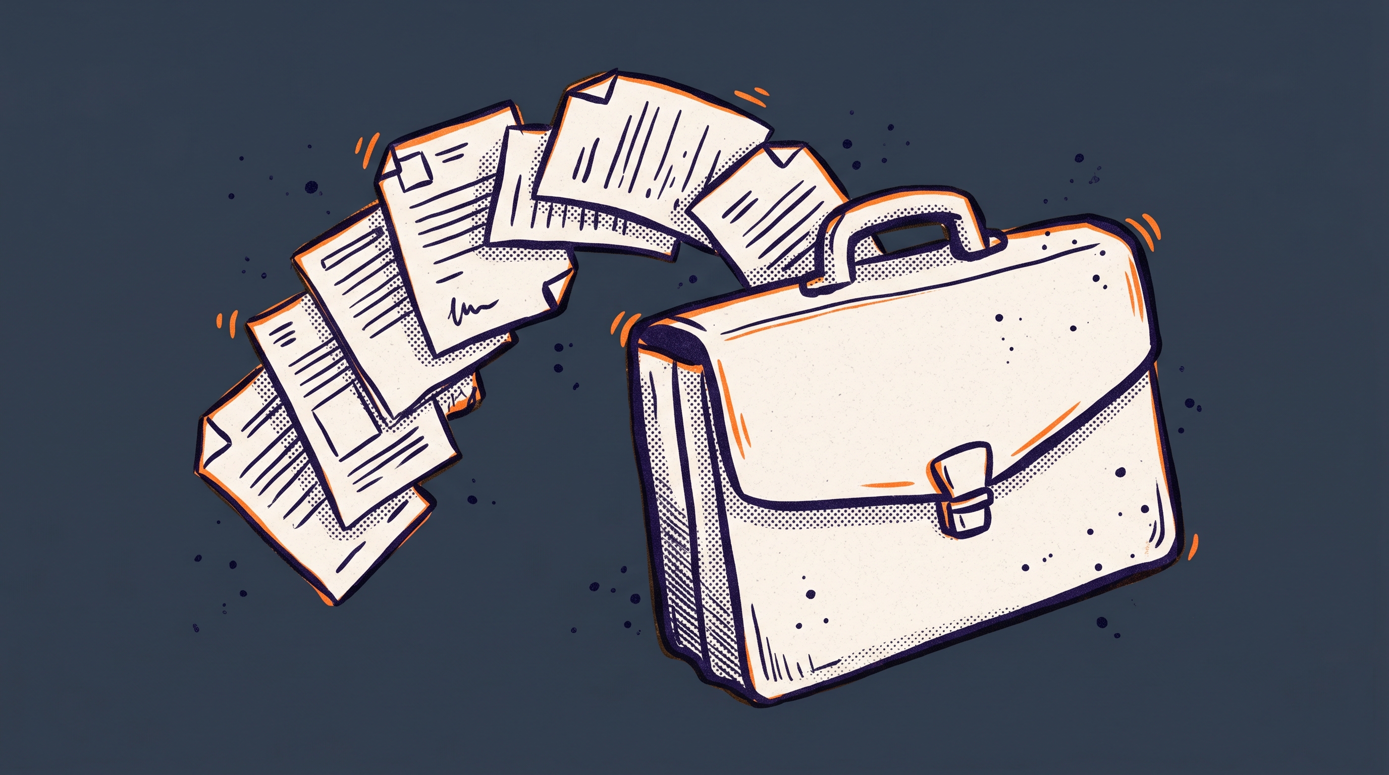 Documents flowing into a structured briefcase representing the workflow from raw client documents through classification to knowledge base construction
