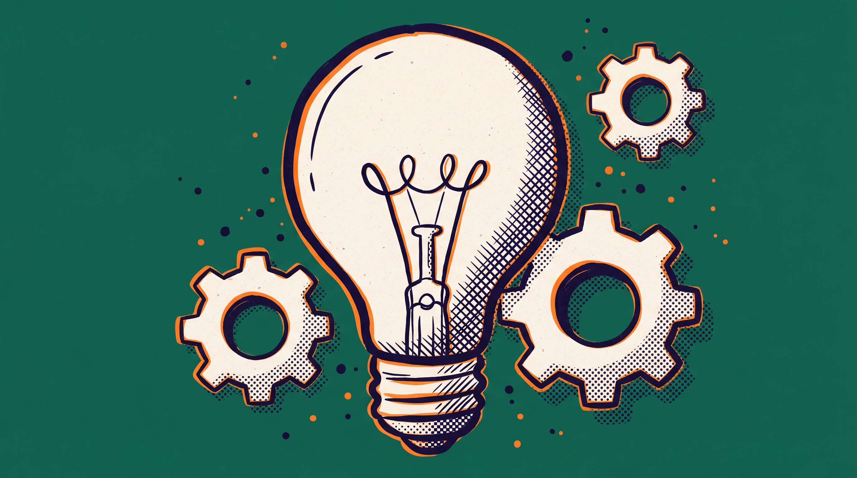 A central lightbulb surrounded by multiple gear cogs representing an original contribution being adopted and built upon by the broader field