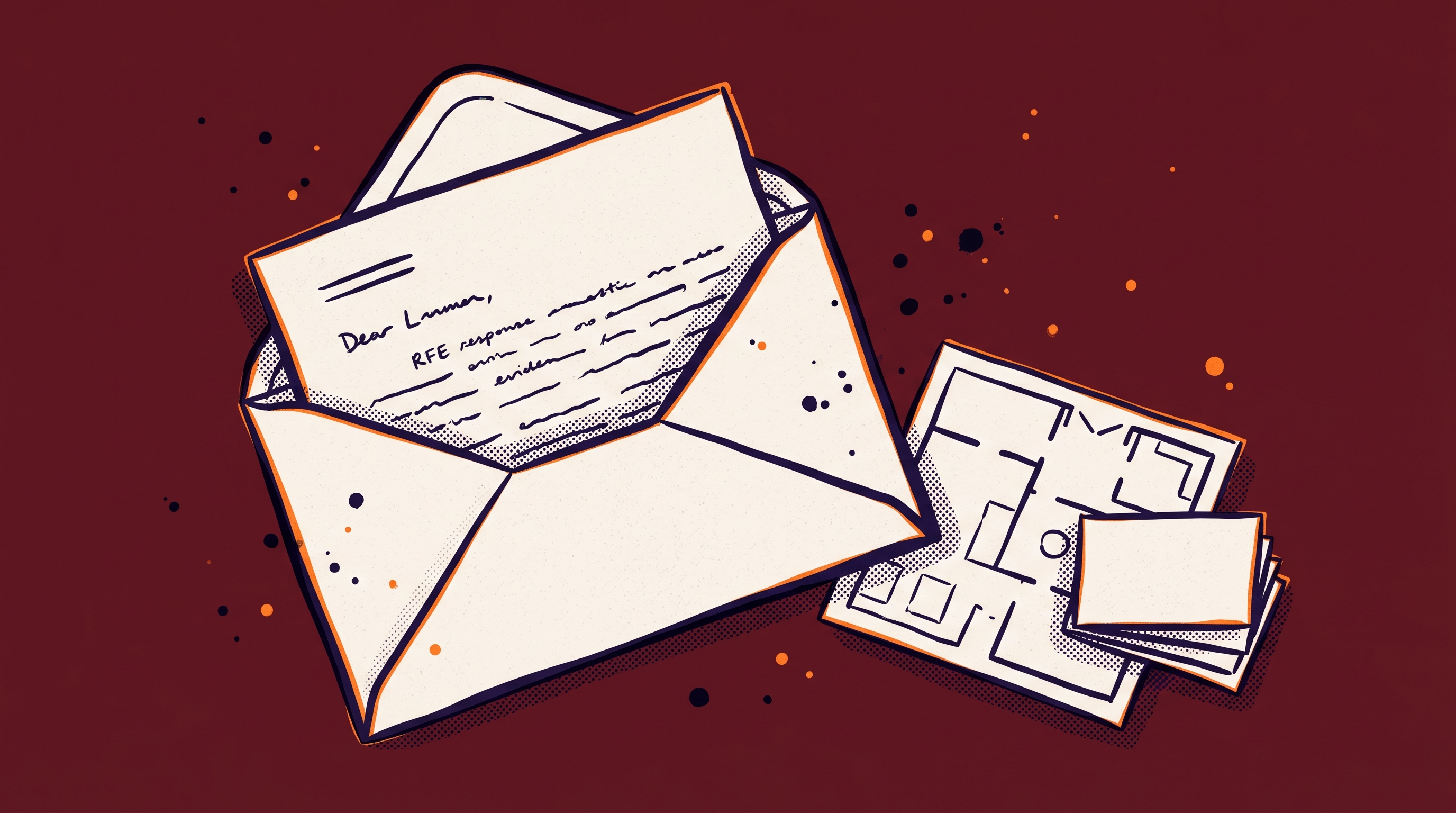 An envelope with a formal letter partially pulled out against a burgundy background representing an RFE response on EB1A Criterion 7 artistic exhibitions evidence