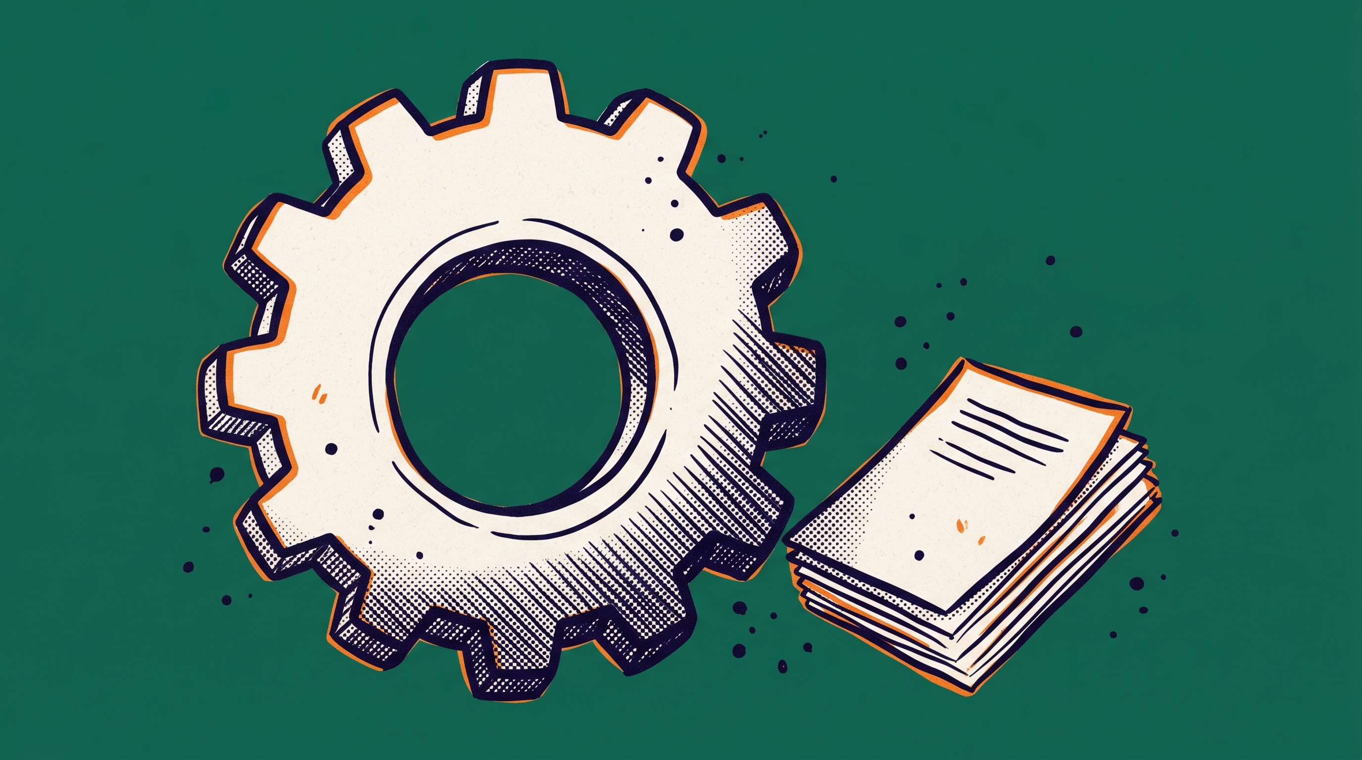 Large gear cog beside a small stack of documents representing AI automation of the EB1A document review and classification phase
