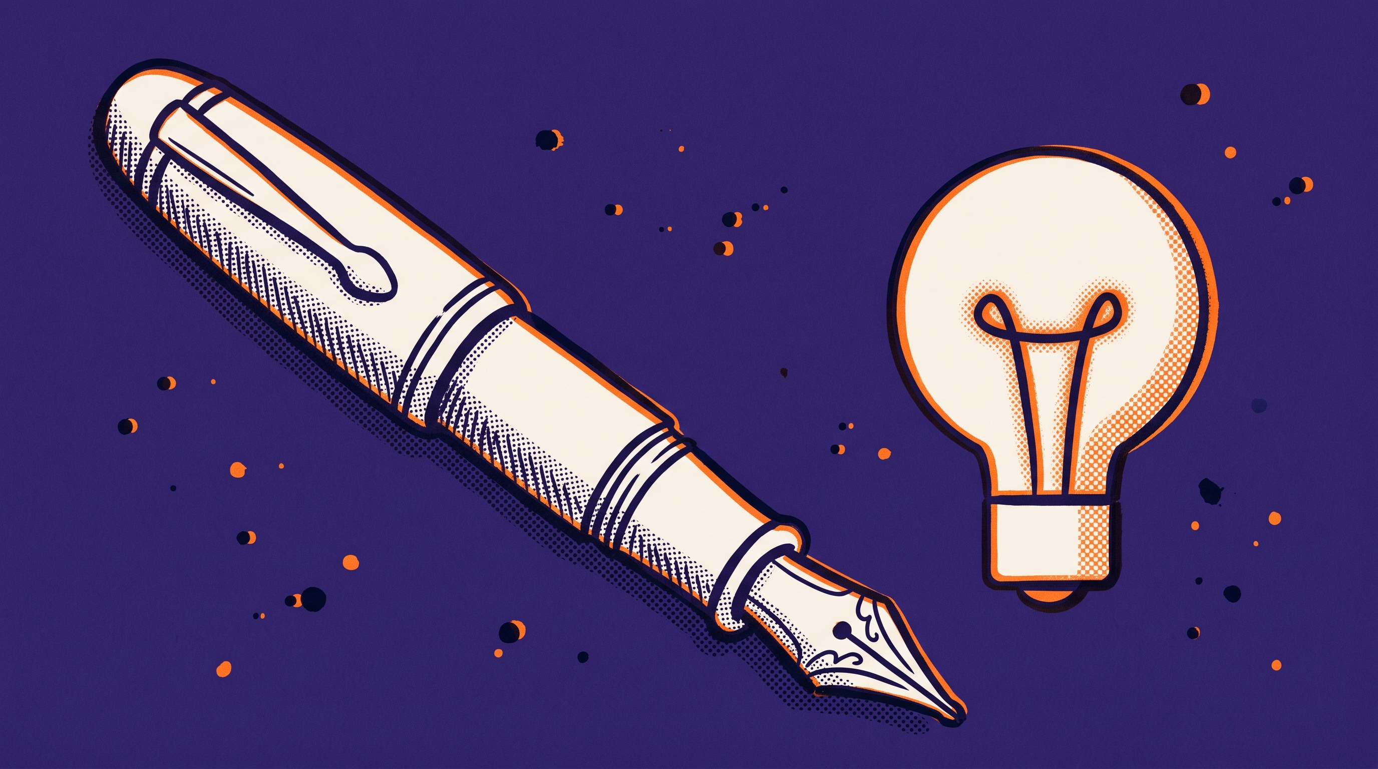 Fountain pen beside a glowing lightbulb representing AI-assisted petition letter drafting combining legal writing with intelligent generation