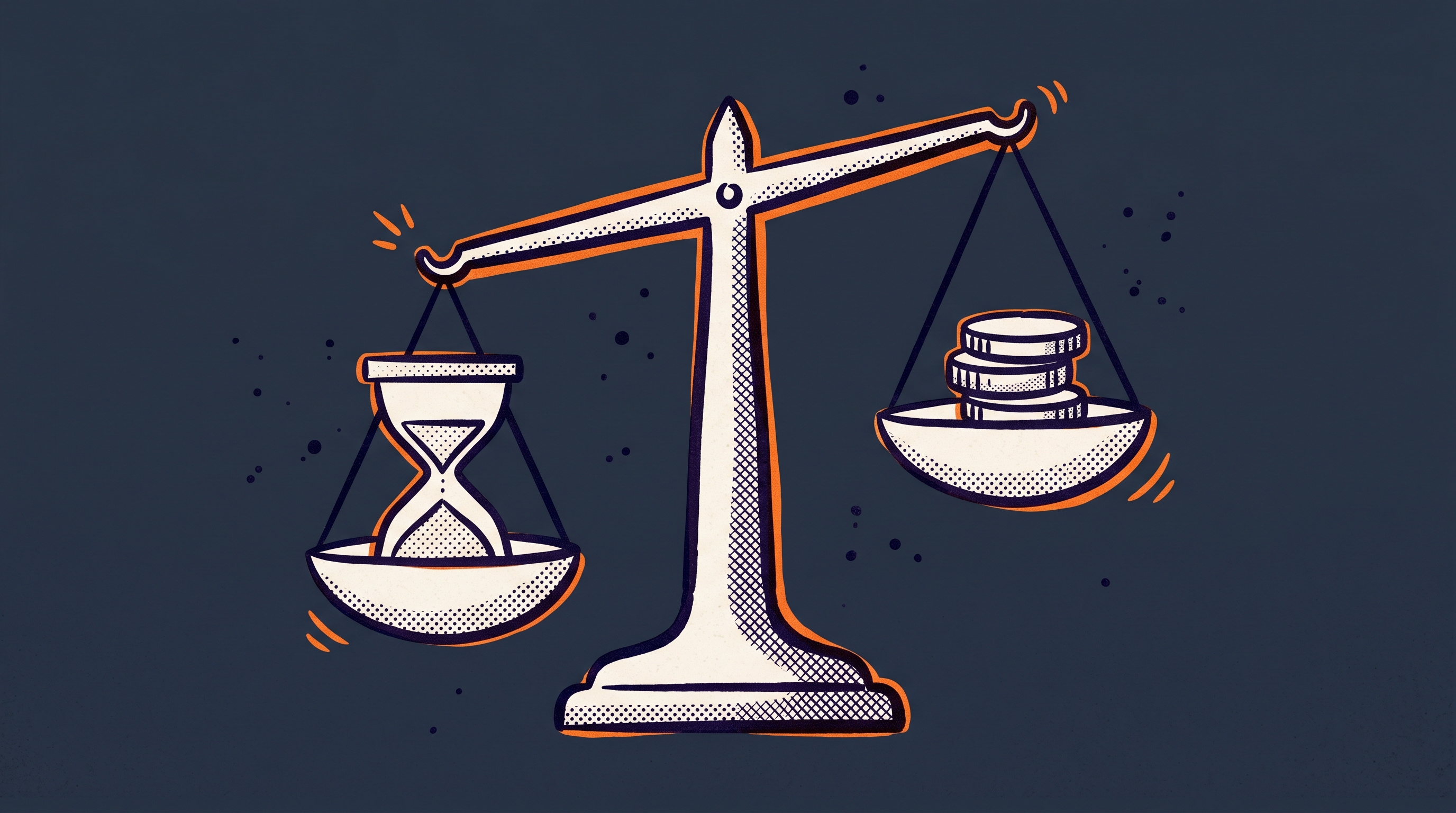 Balance scale with an hourglass on one side and a coin stack on the other, representing the time-versus-cost ROI of AI-assisted EB1A petition preparation