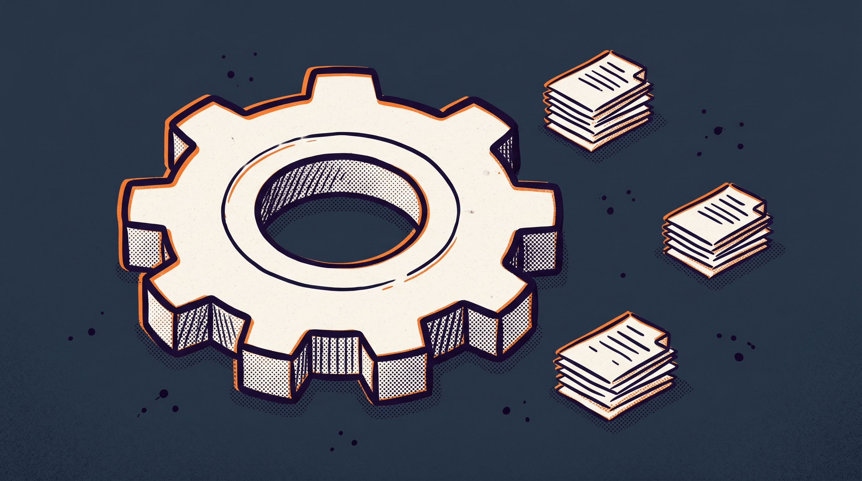 A large gear cog with three small document stacks arranged around it representing an engineering contribution being adopted by multiple independent organizations