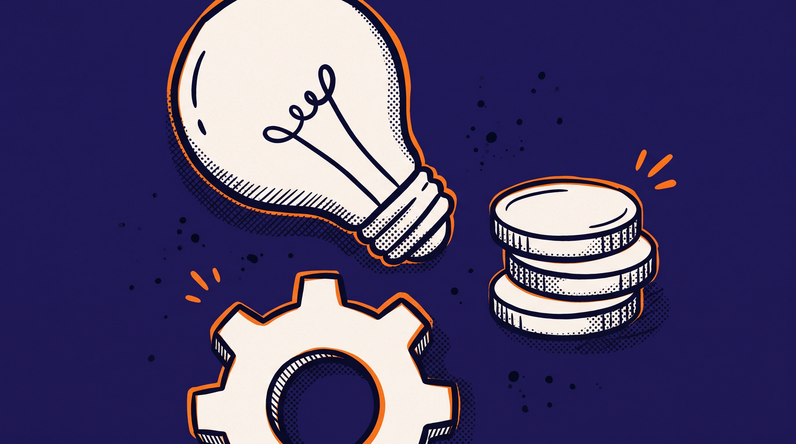 Three objects arranged together — a lightbulb, a large gear cog, and a coin stack — representing the C5 original contributions, C8 critical role, and C9 high salary criteria combination