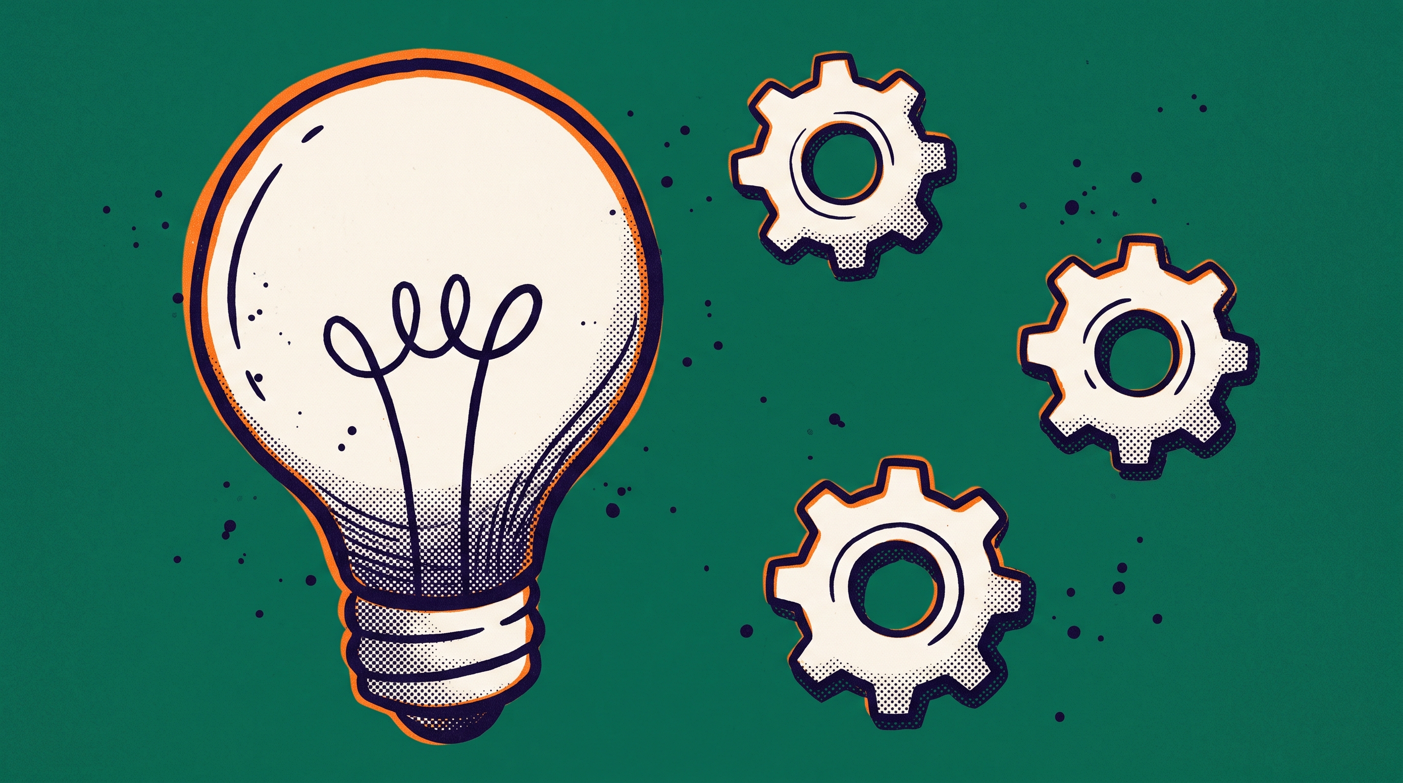 Large lightbulb surrounded by small gear cogs representing an original engineering contribution adopted by independent organizations in the field
