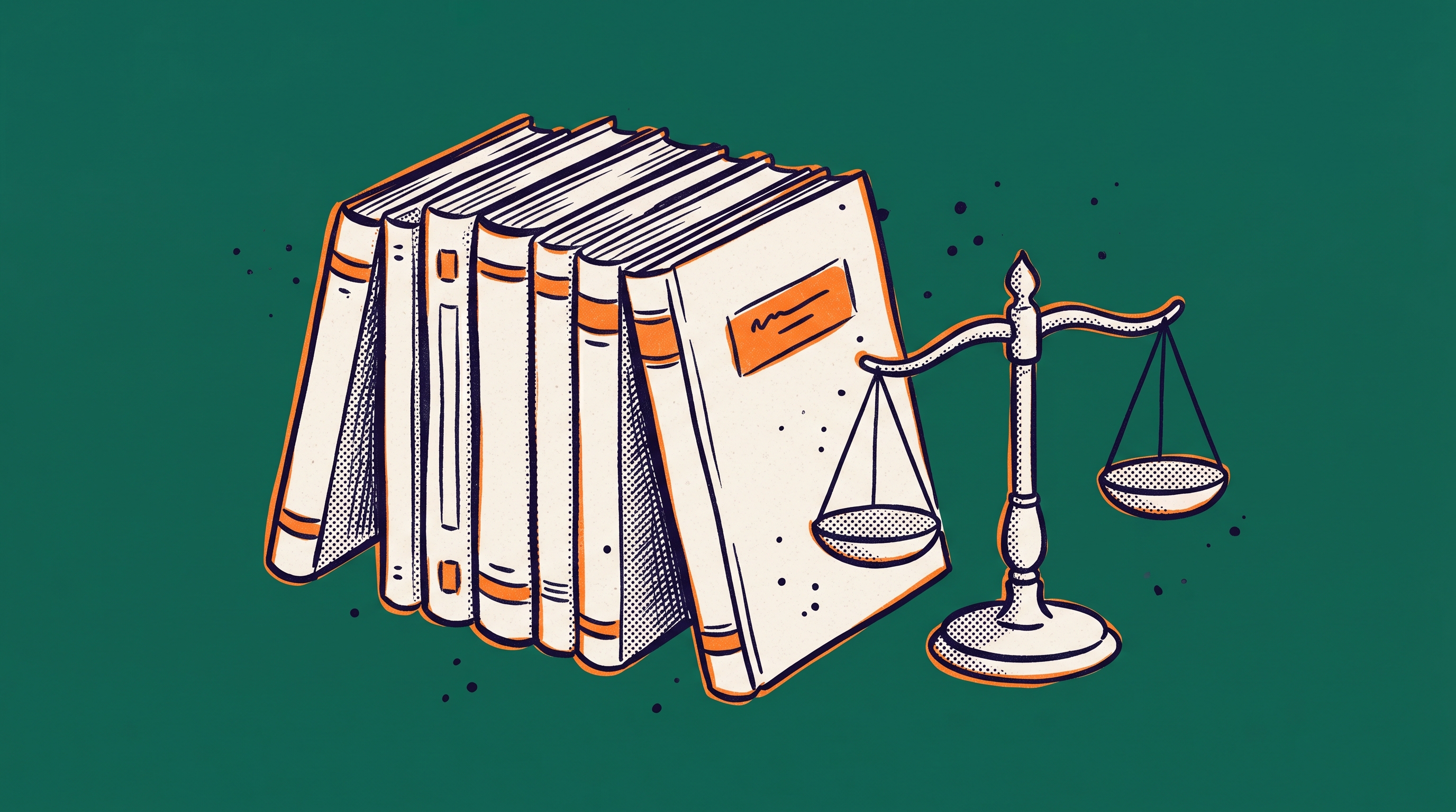 A stack of academic journals with spines facing the viewer and a classical balance scale beside them representing scholarly article authorship and citation impact in a research field