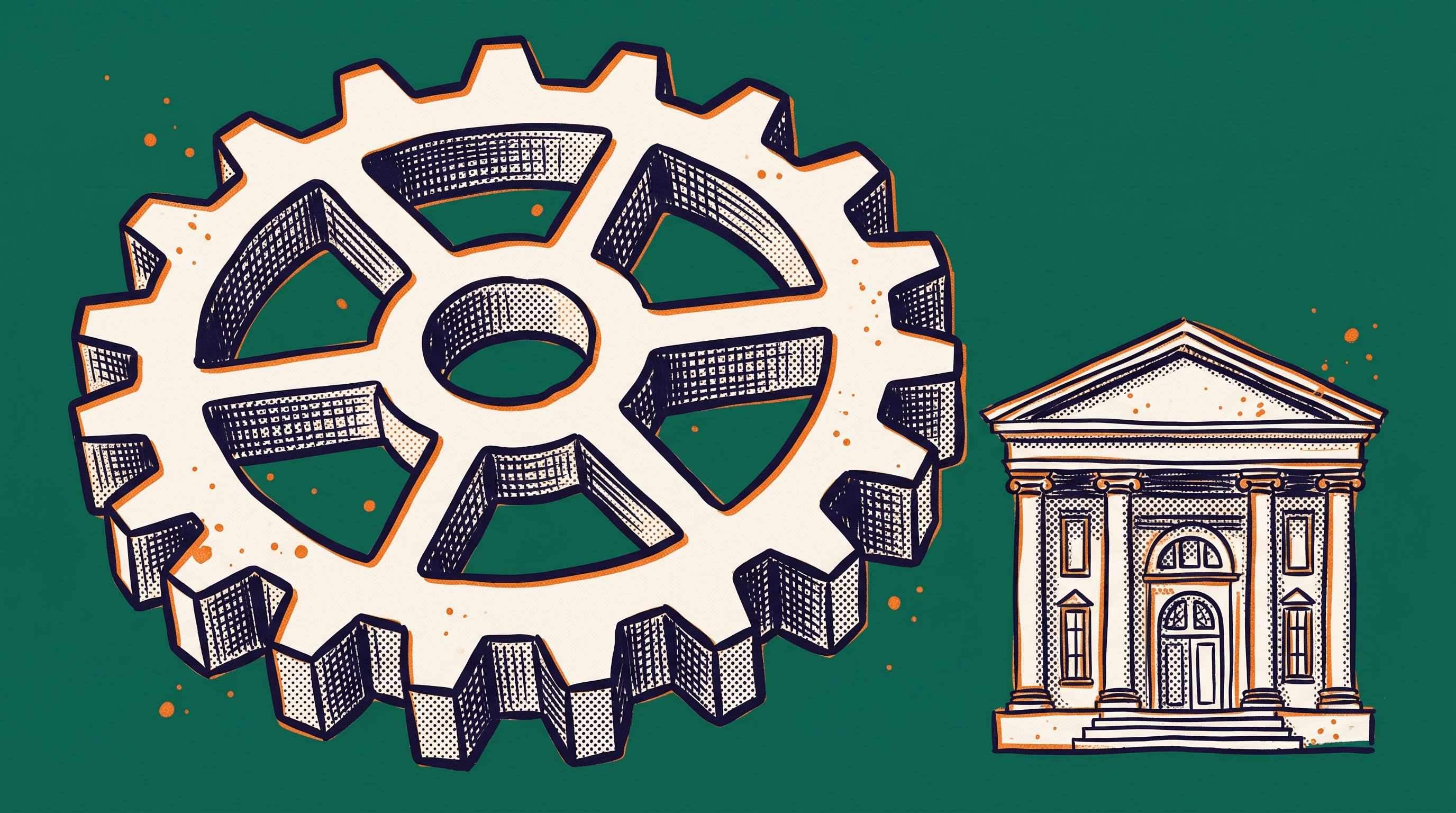 A large gear cog centered beside a neoclassical building facade representing the critical or essential role performed within a distinguished organization for O-1A