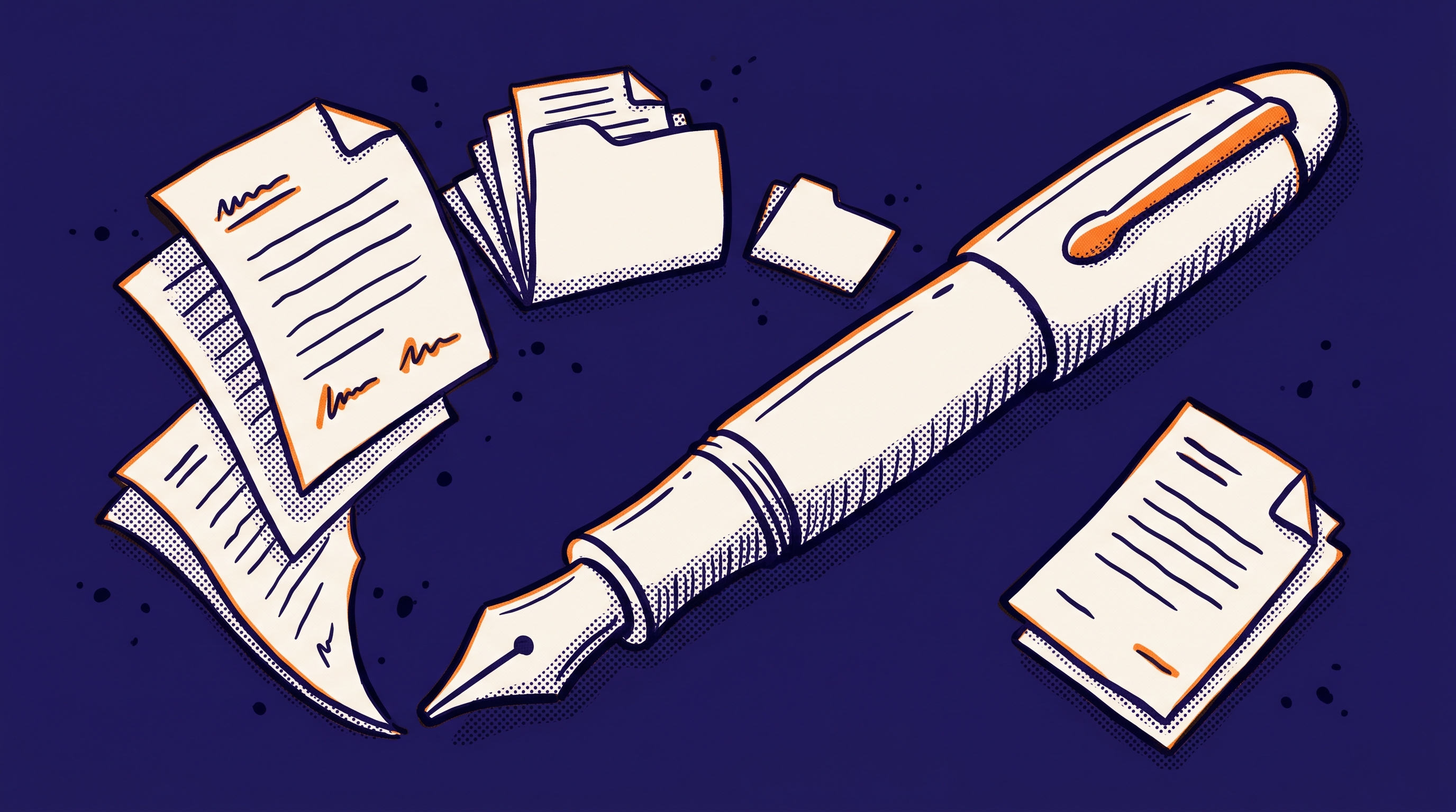Documents feeding into a large fountain pen representing the RAG pipeline from client evidence through retrieval to petition generation
