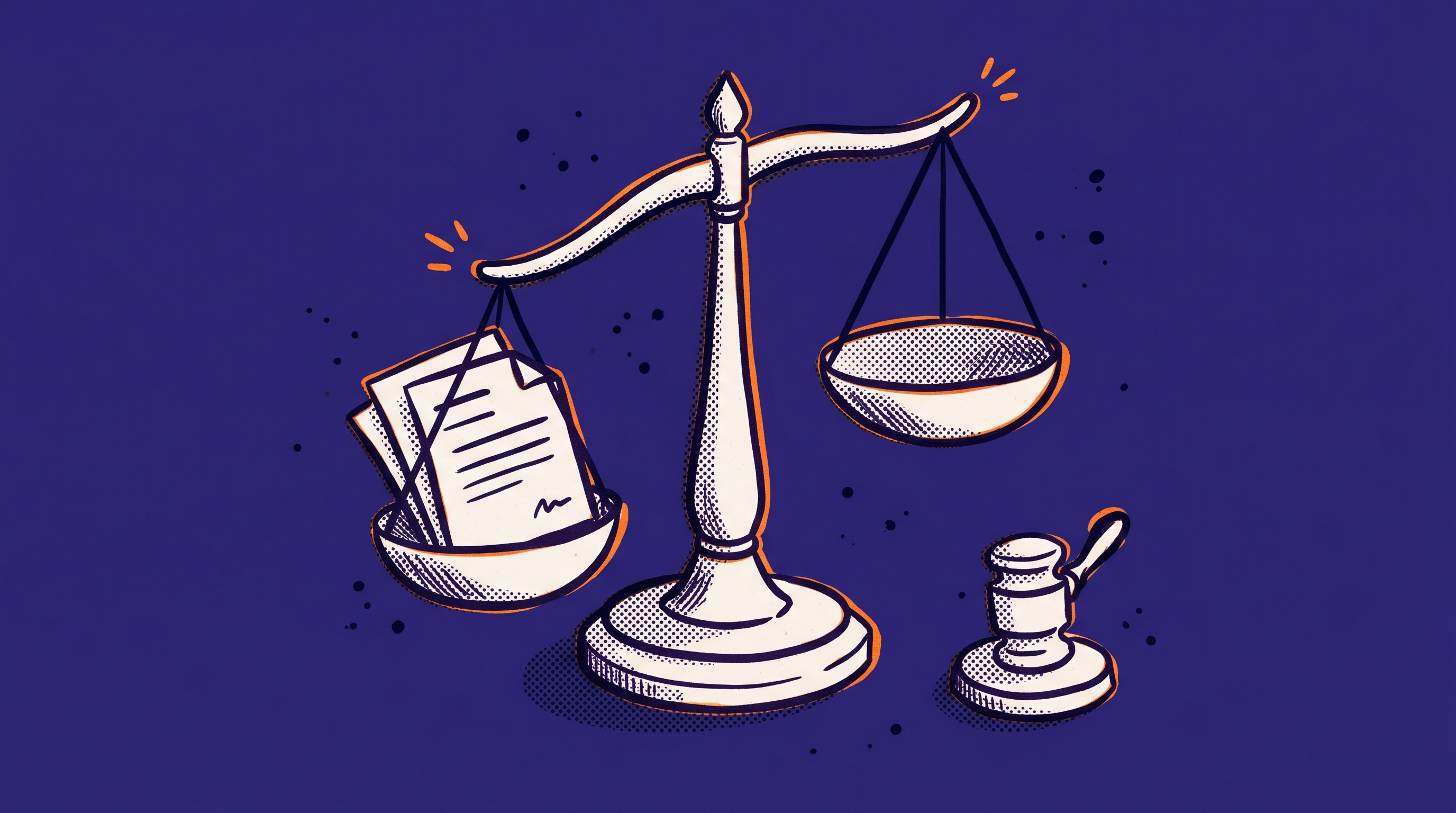 A classical balance scale with document stacks on each pan representing the validation process that verifies AI-generated claims against source exhibits