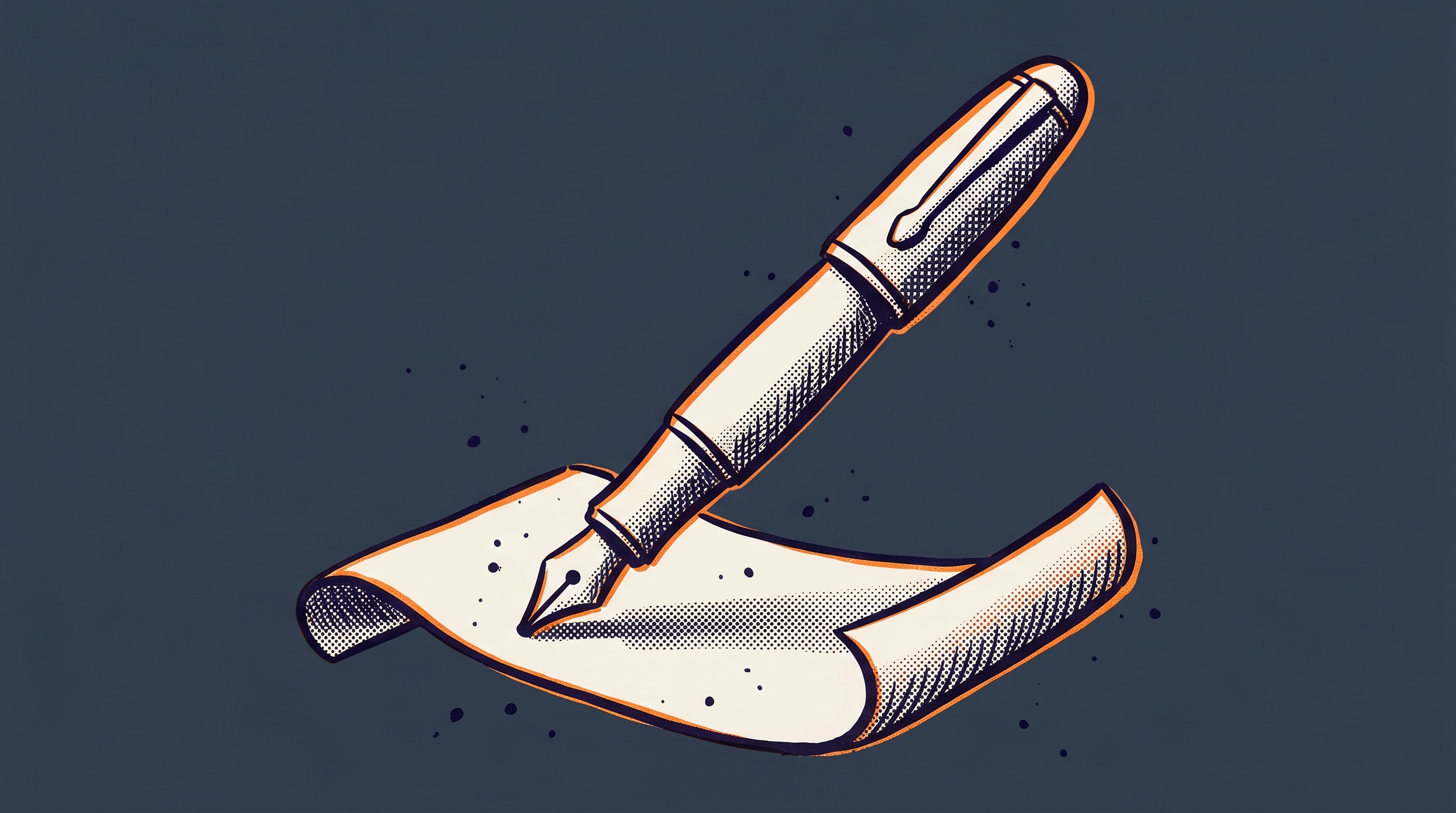 A large fountain pen poised over a document surface representing the AI-assisted petition drafting workflow that reduces attorney preparation time