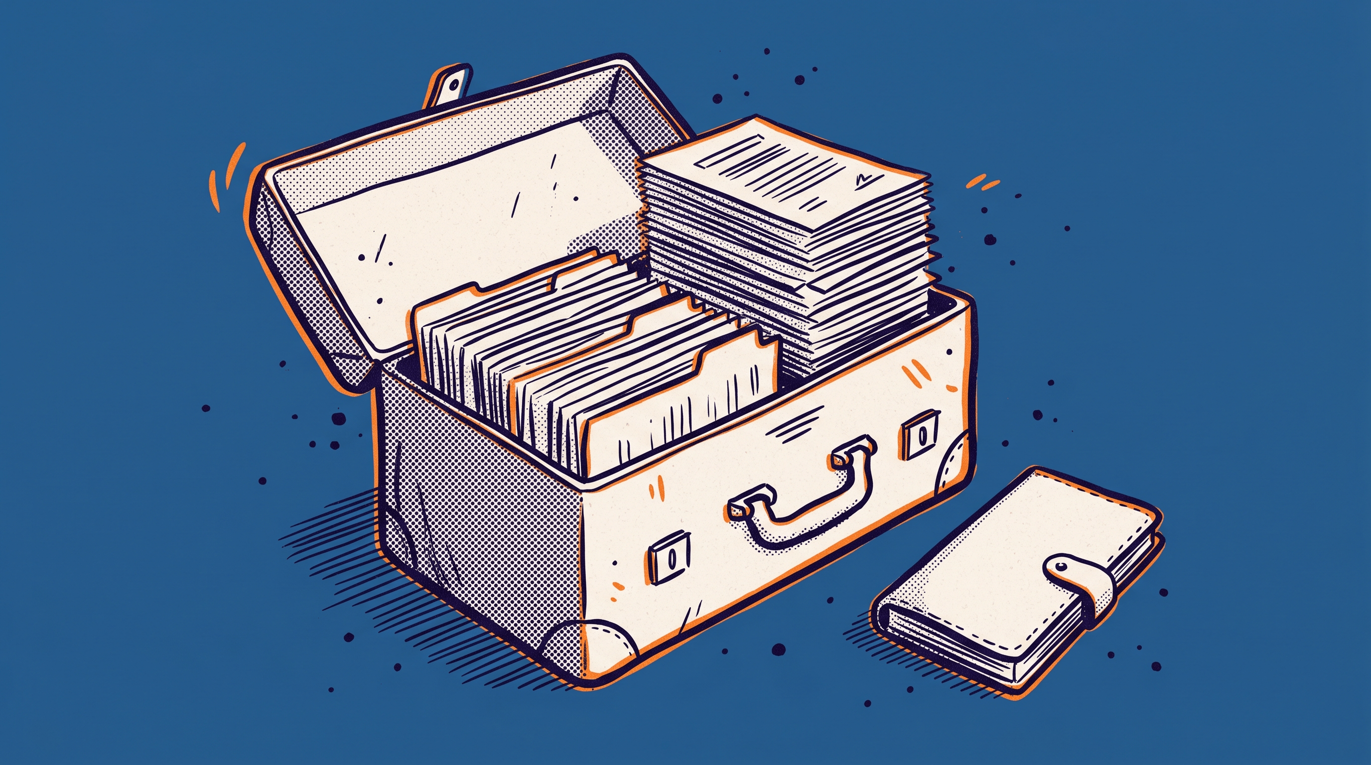 An open briefcase with organized stacks of documents fanning out representing the complete EB1A petition preparation workflow from document intake to filing