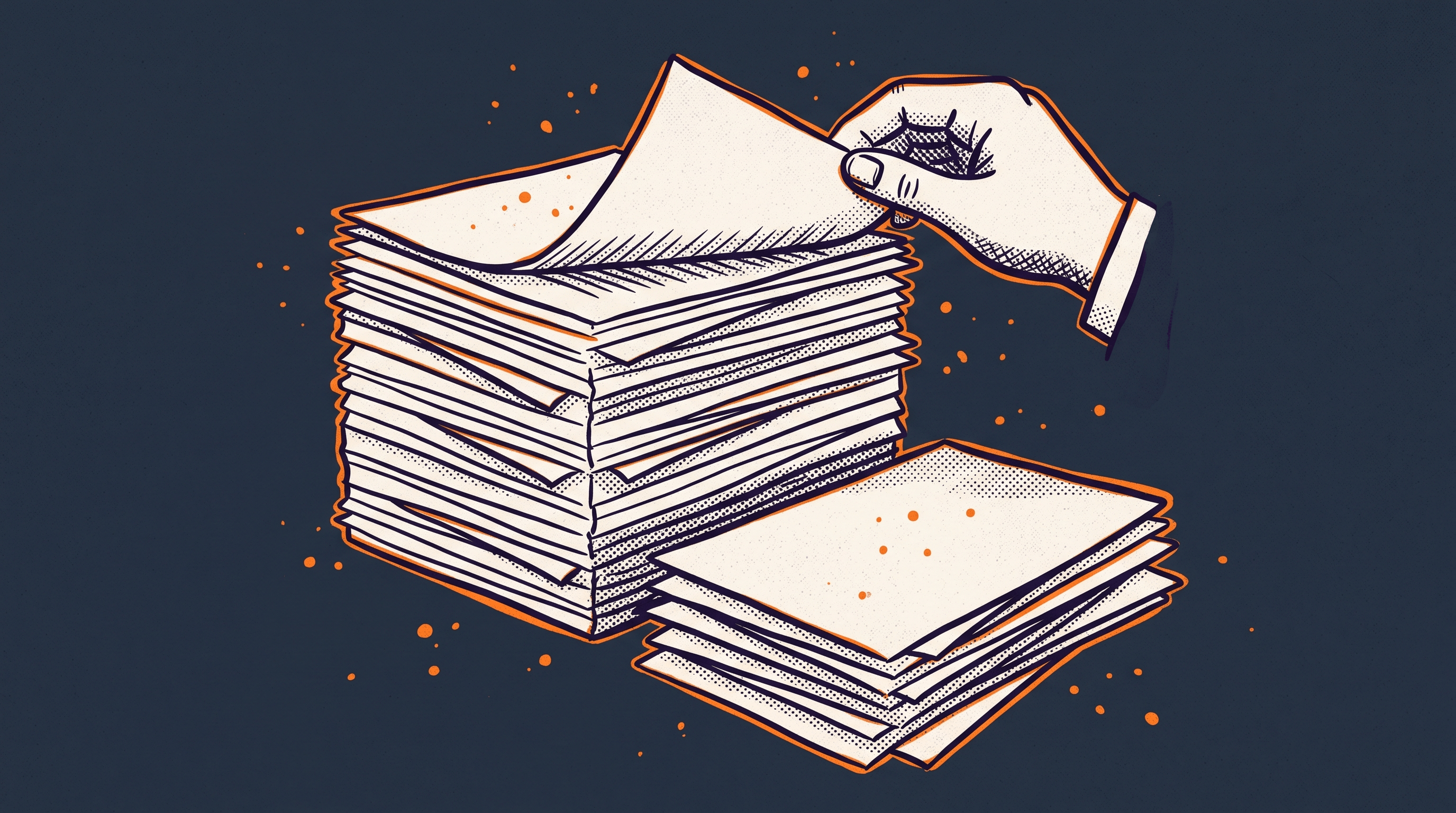 Organized stacks of documents sorted into labeled groups representing attorney review of AI-classified evidence categories before knowledge base construction
