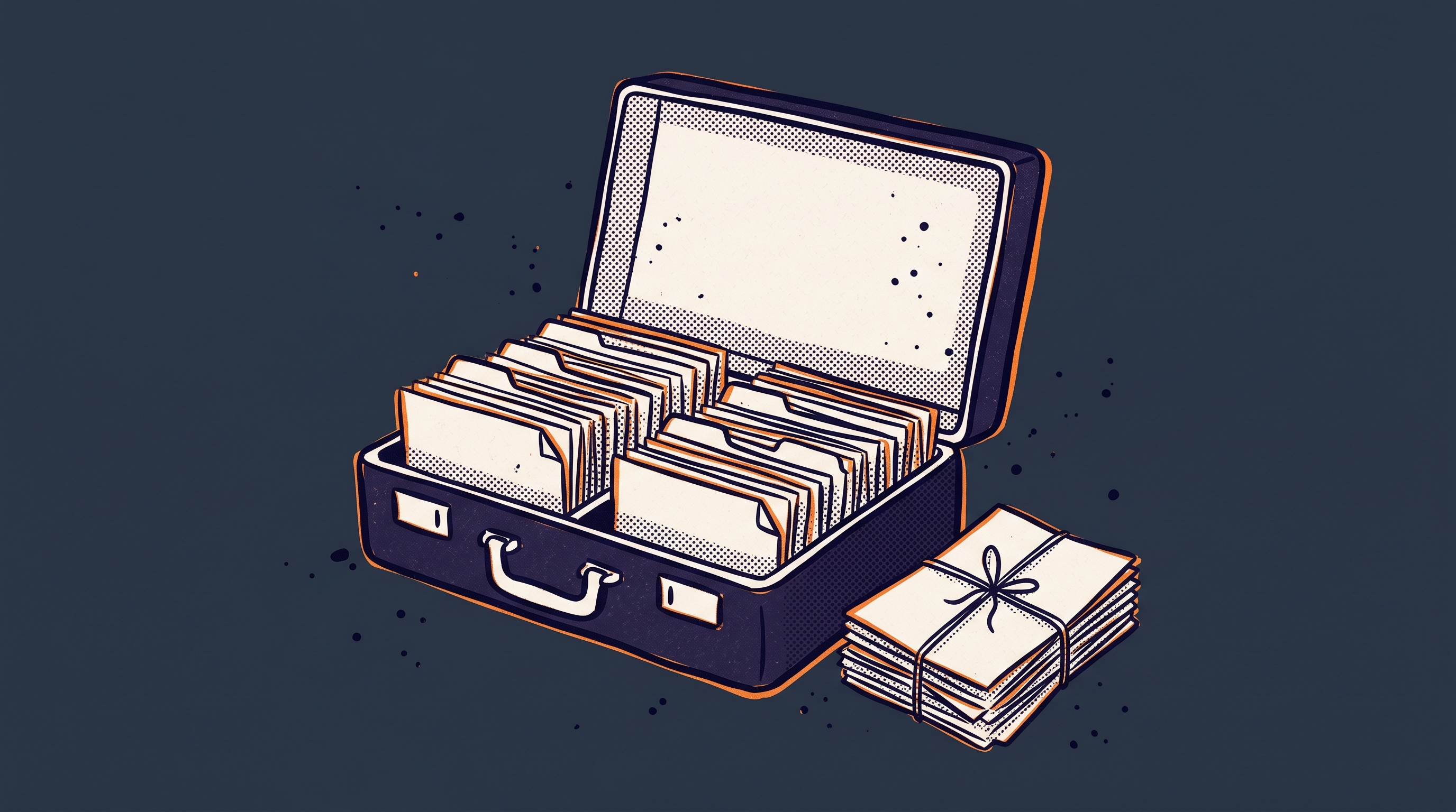 An open briefcase with organized document stacks representing the complete EB1A case record from intake through petition filing