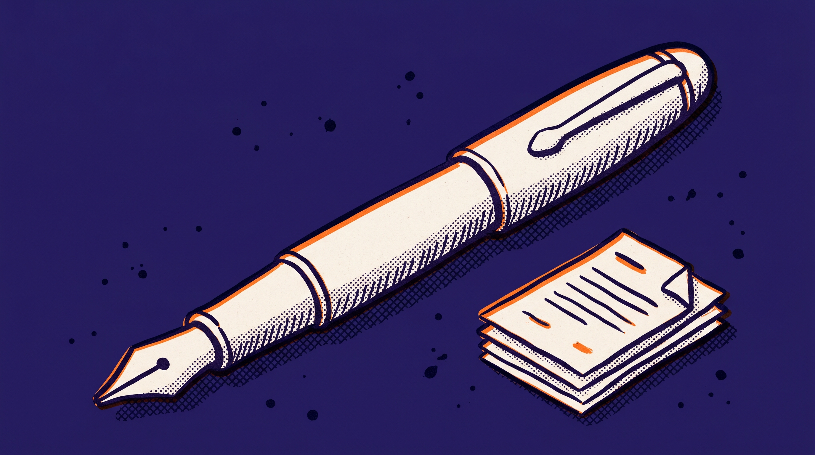 Documents feeding into a large fountain pen representing the RAG pipeline from client evidence through retrieval to petition generation