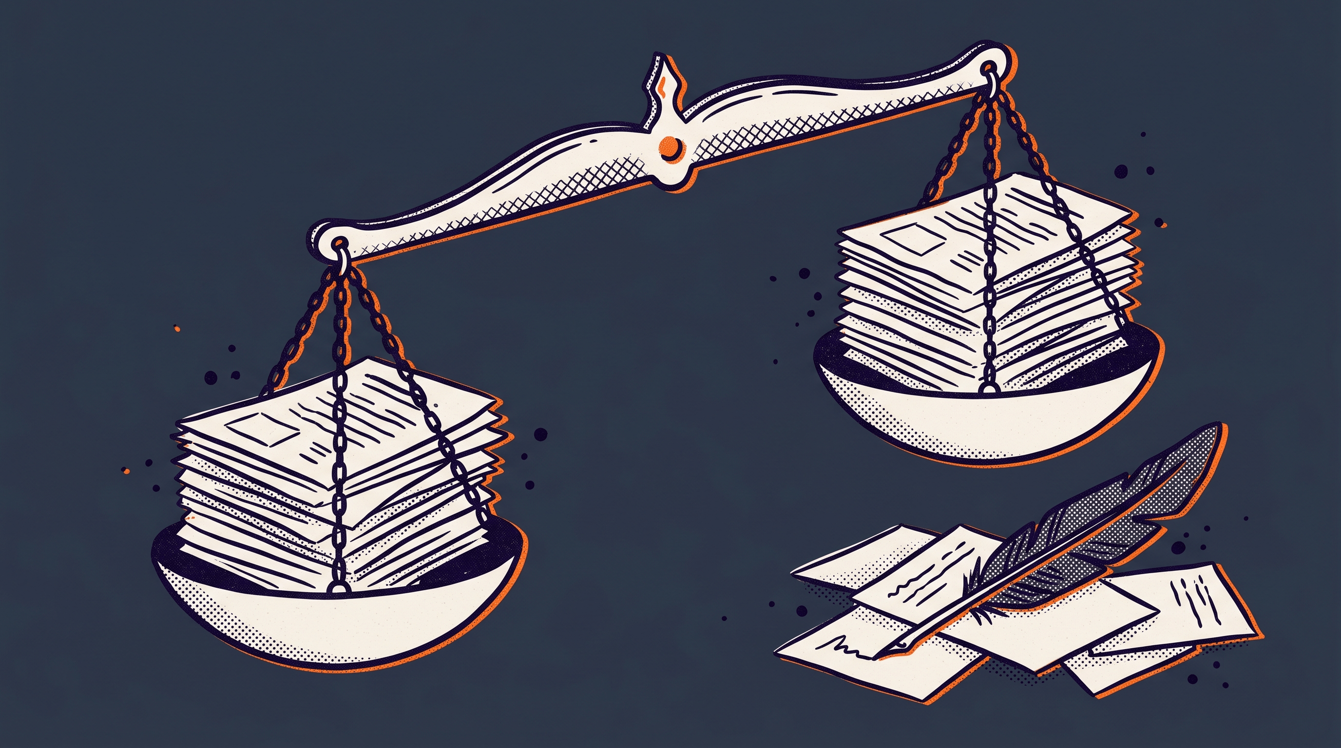A classical balance scale with document stacks representing the post-generation validation step that verifies every generated claim against source documents